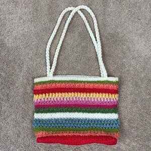 Lina Crochet Purse Handbag Rainbow Stripe Flower Embellished Knit Shoulder Bag
